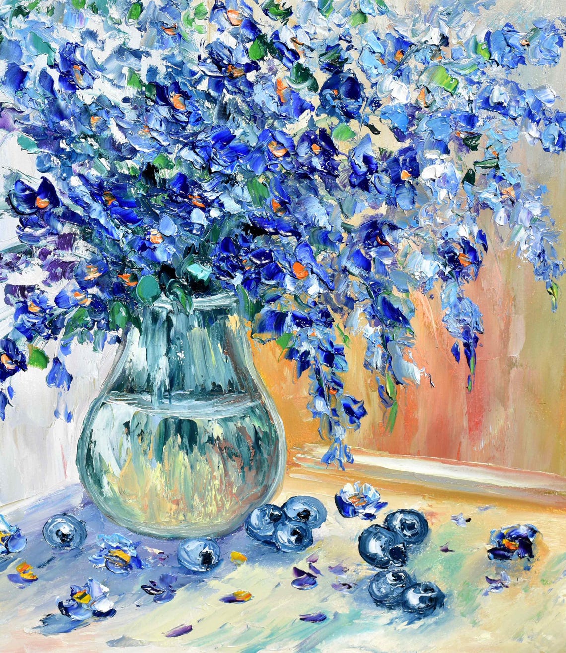 Blue Flower Painting Still Life Painting Blueberry Art Wildflowers Oil Art Purple Flowers Painting Impasto Painting Palette Knife Art Oil - Image 4