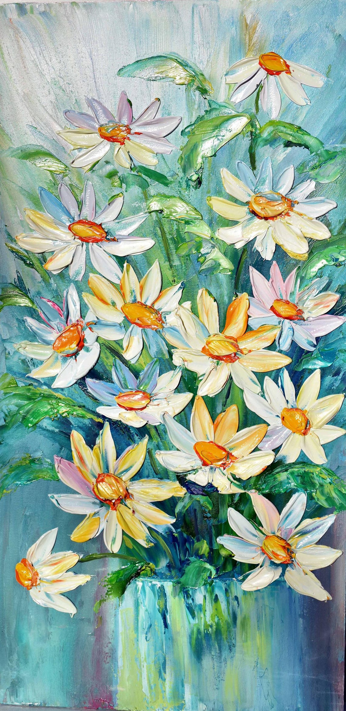 White Daisies Bouquet On Teal Blue Background Flower Art Poster - Image 3