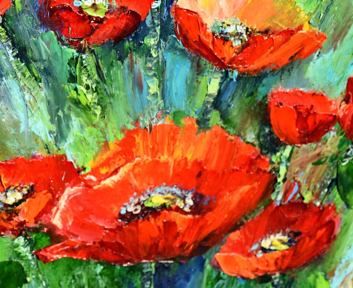 Red Poppy Floral Landscape Painting Poppy Painting Meadow Flowers Poppy Artwork Red Poppies Art Oil Painting Impasto Painting Red Poppy Art - Image 3