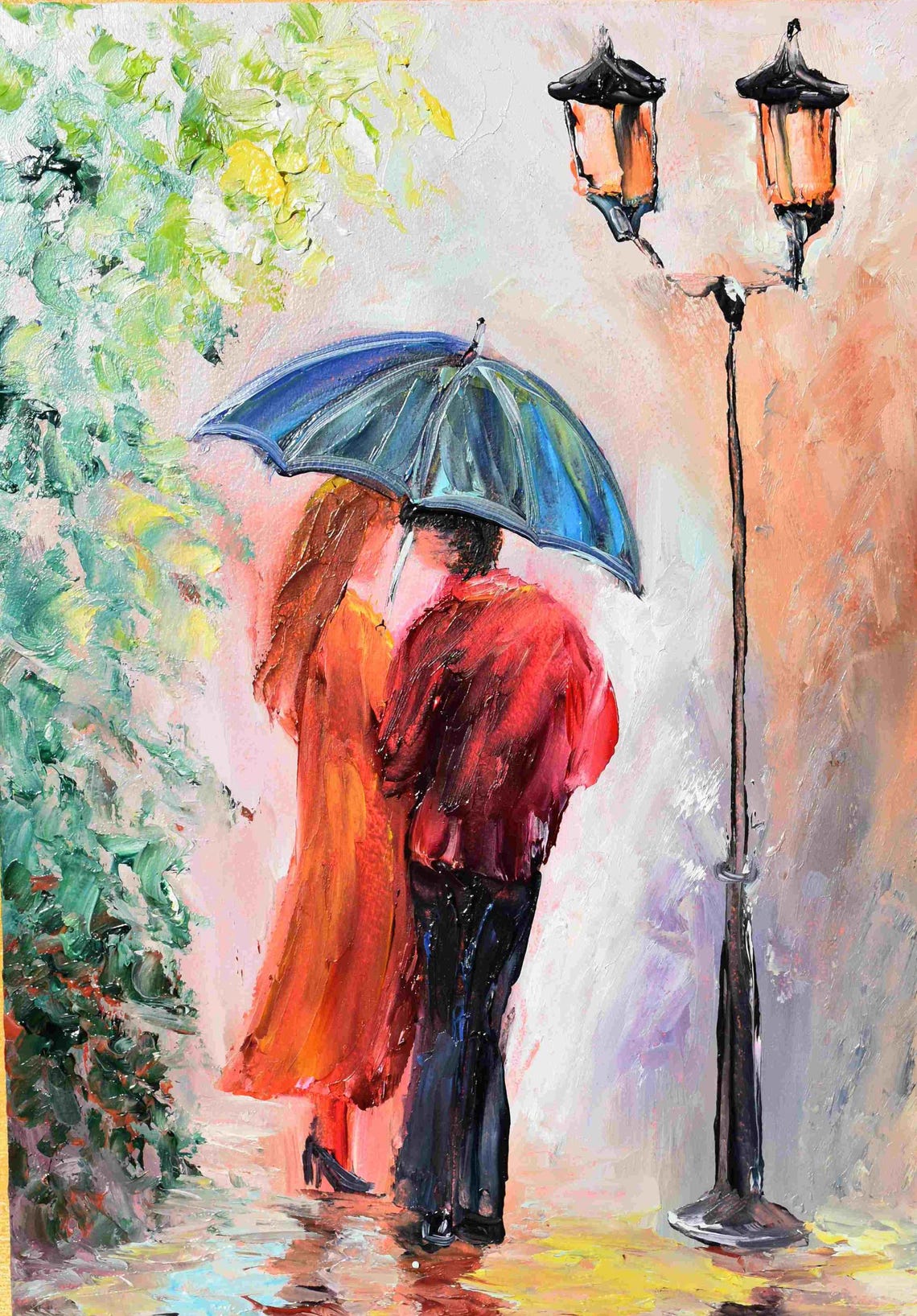 Street Painting Cityscape Painting People In Love Art Umbrella Landscape Oil Art Couple In Love Art Love Wall Art Original Oil Art Impress