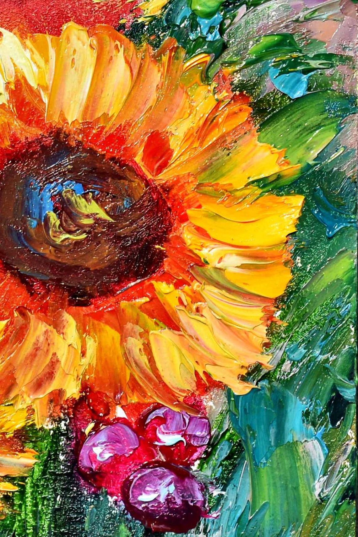 Sunflowers Oil Art Flowers Painting Meadow Painting Flowers Painting Sunflower Painting Flowers Painting Pink Berries Art Impasto Painting - Image 5