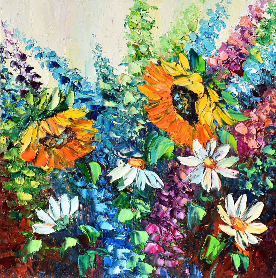 Sunflower Painting Landscape Painting Blue Flowers Art Sunflower Art Purple Wildflowers Art Meadow Flowers Art Flower Oil Painting Textured