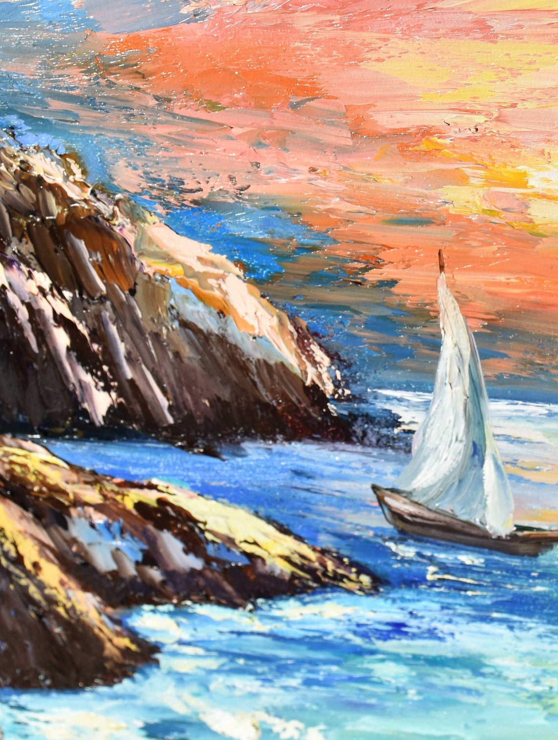 Mediterranean Art Sunset Painting Tropical Painting Mountain Landscape Colorful Sunset Sailboat Painting Beach Art Landscape Painting - Image 4