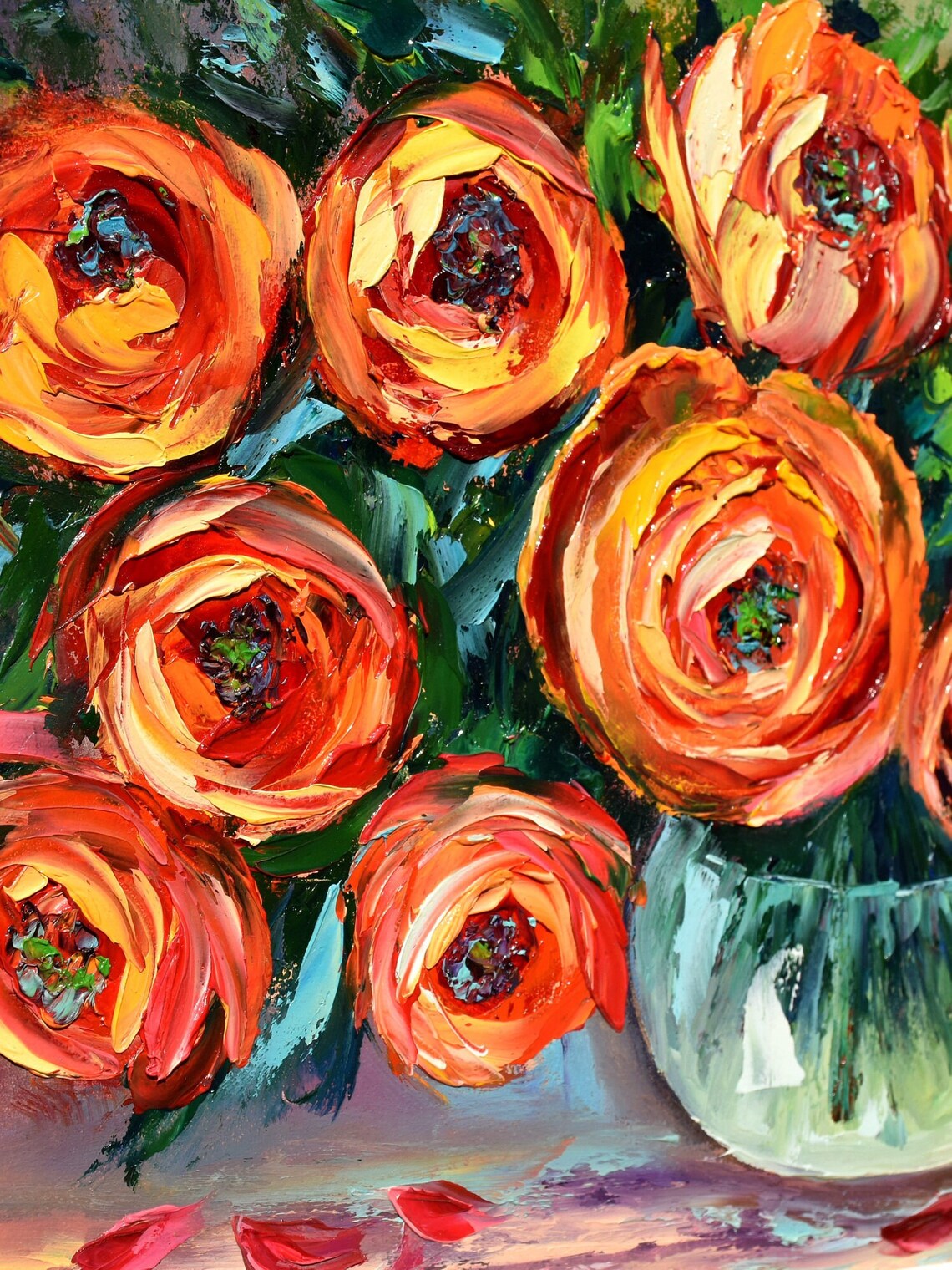 Orange Red Roses Glass Vase Bouquet Impasto Oil Painting Floral Poster - Image 3