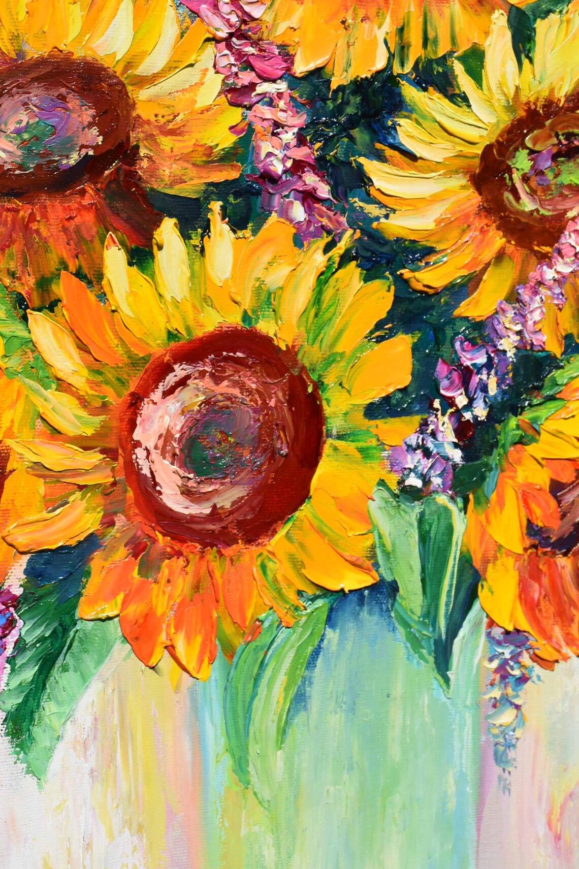Sunflowers With Purple Lupins Bouquet Blooming Floral Oil Art Poster - Image 3