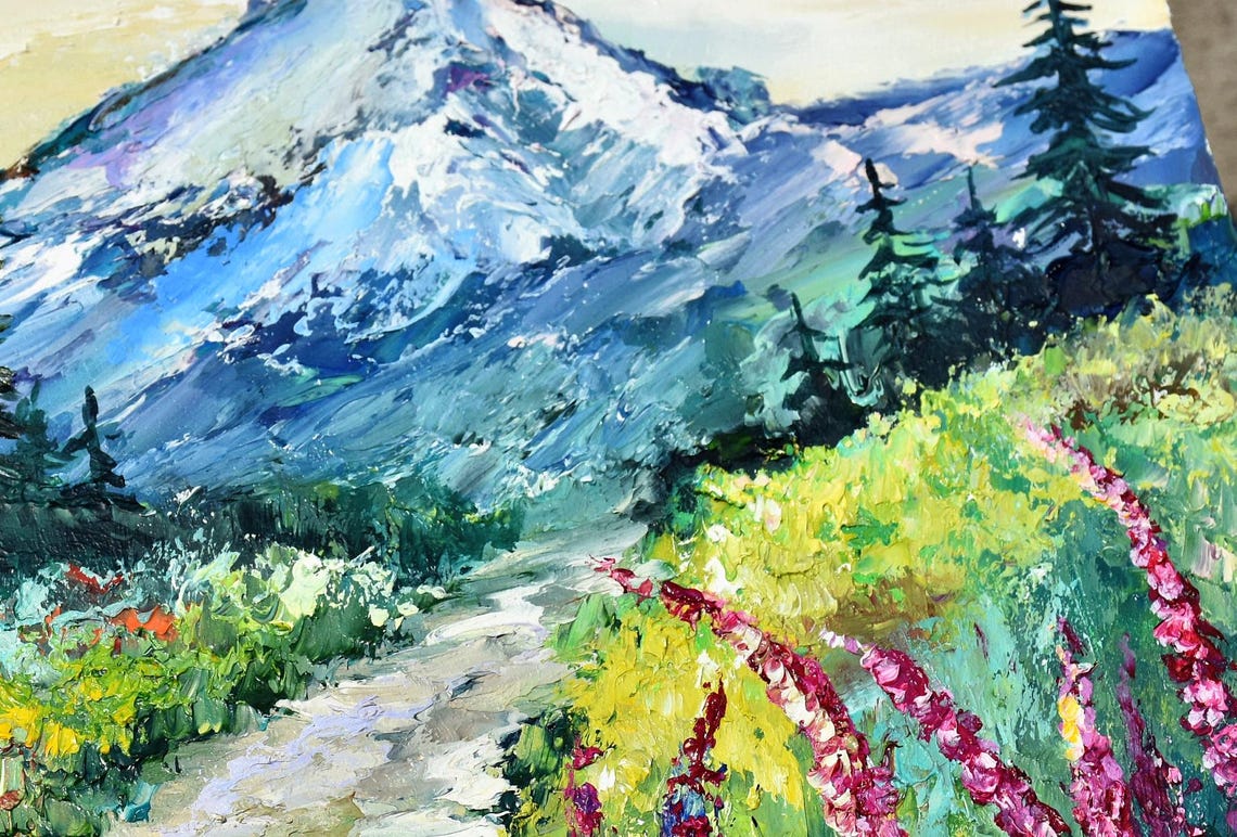 Abstract Mountains Palette Knife Art Wildflowers Oil Art Mountain Landscape Miniature Art Oil Art Modern Impasto Wall Art Painting Meadow - Image 4
