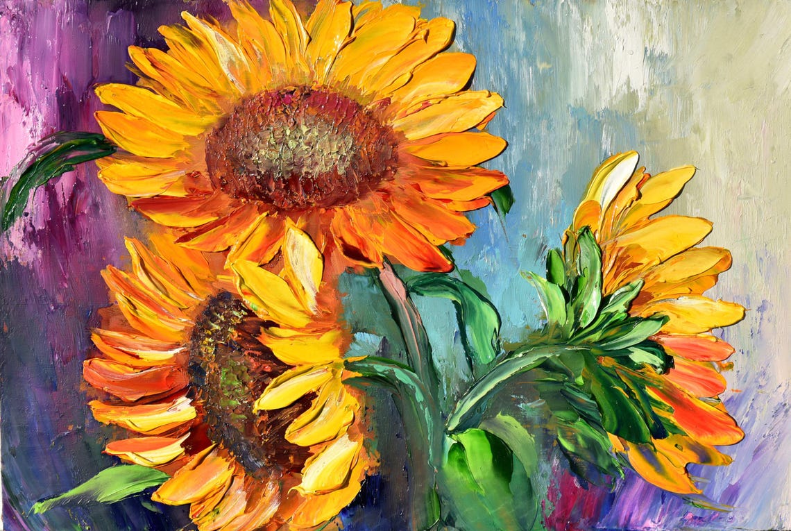 Sunflowers Painting Floral Artwork Impasto Painting Painting Landscape Oil Art Colorful Painting Small Oil Painting Yellow Flower Art Textur