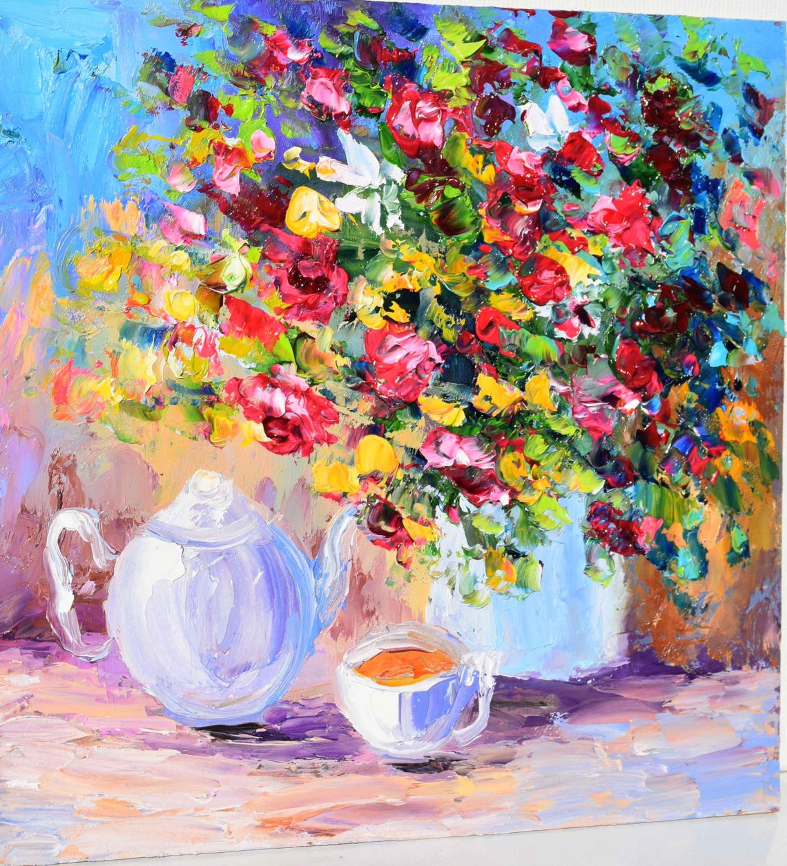 Teapot With Cup Of Tea And Wildflowers Still Life Art Poster - Image 3