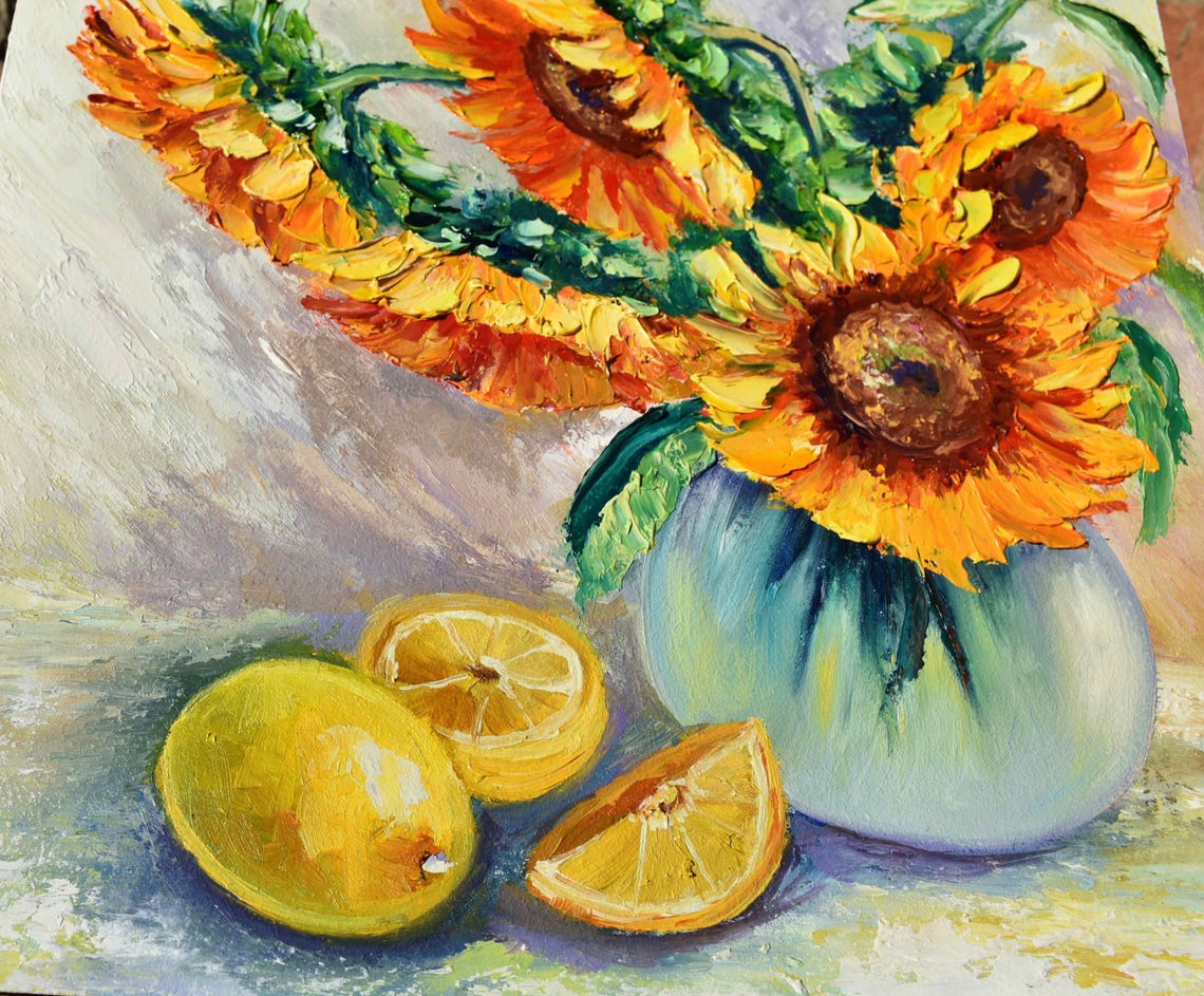 Sunflowers In Blue Vase With Lemons Kitchen Still Life Poster - Image 5
