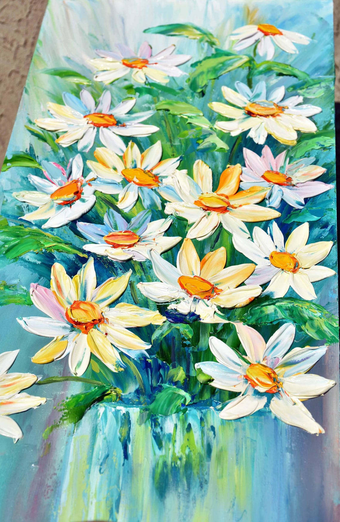 White Daisies Bouquet On Teal Blue Background Flower Art Poster - Image 2