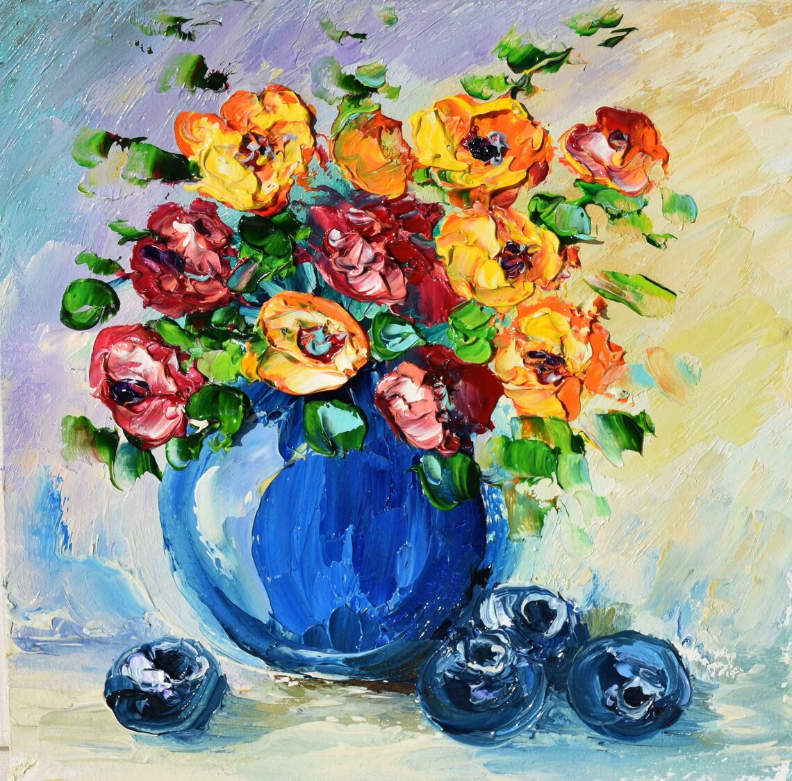 Blue Flowers Bouquet In Vase Impasto Oil Painting Still Life Wall Art