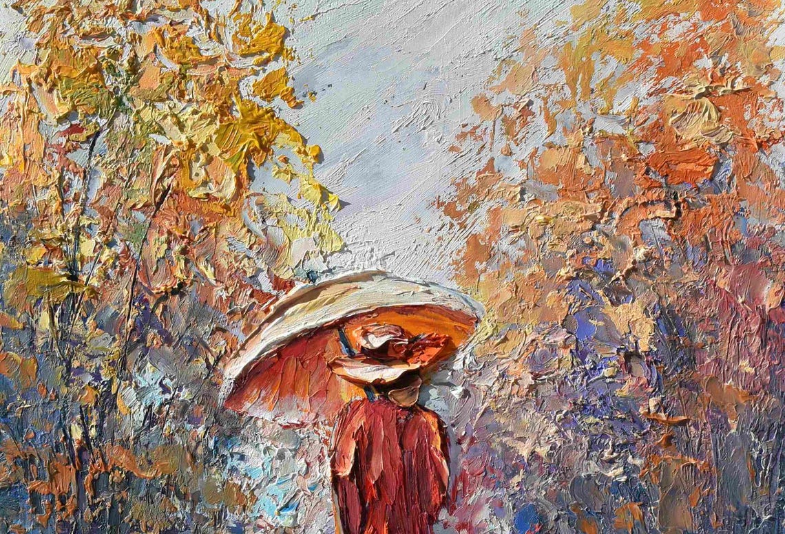 Girl With Umbrella Painting Autumn Landscape Painting Umbrella Art Painting Street Painting Girl Painting City Landscape Art Girl In A Red - Image 4