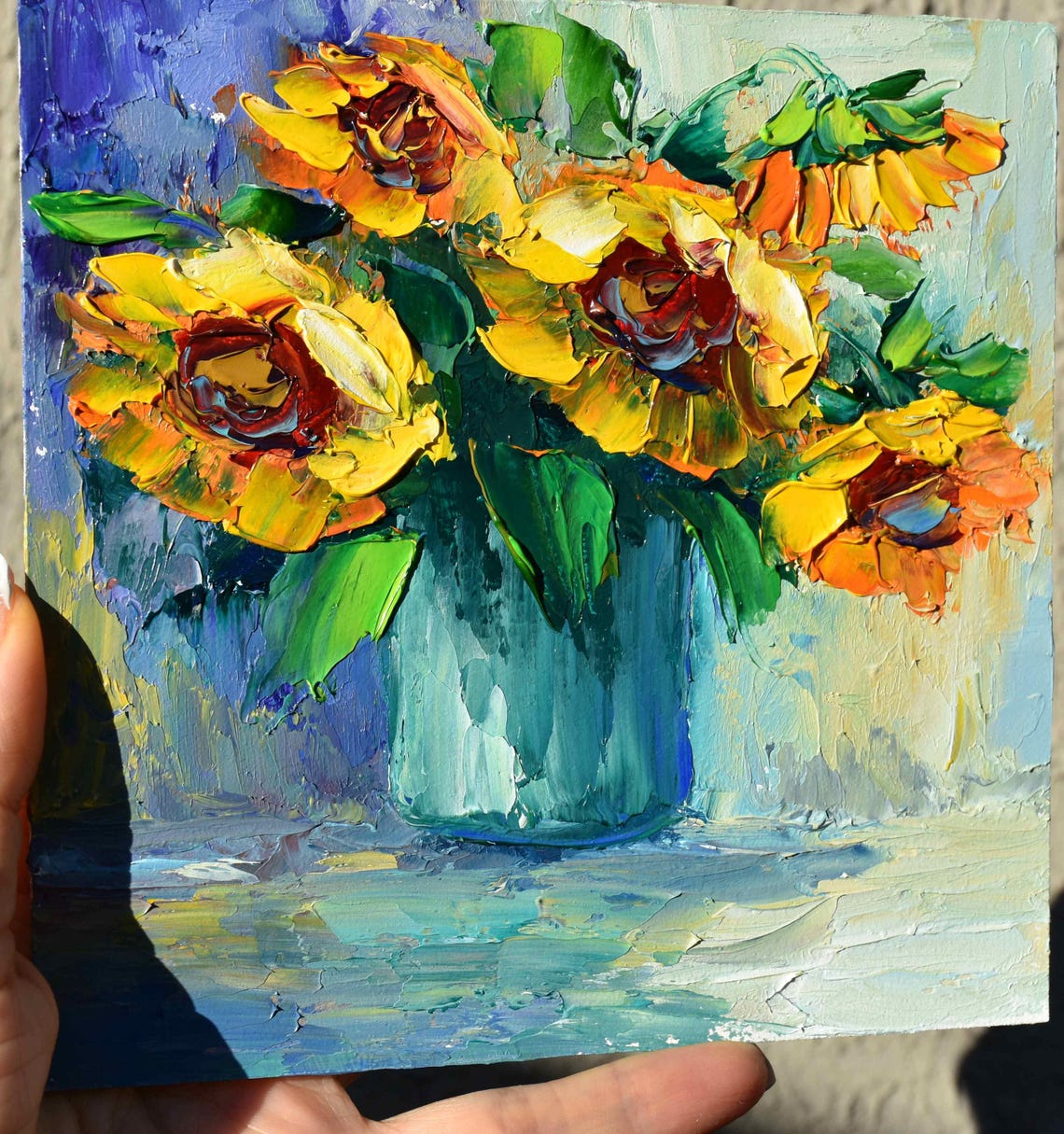 Sunflowers Painting Orange Flowers Floral Artwork Palette Knife Art Small Oil Painting Yellow Flower Art Impasto Painting Wildflowers - Image 5