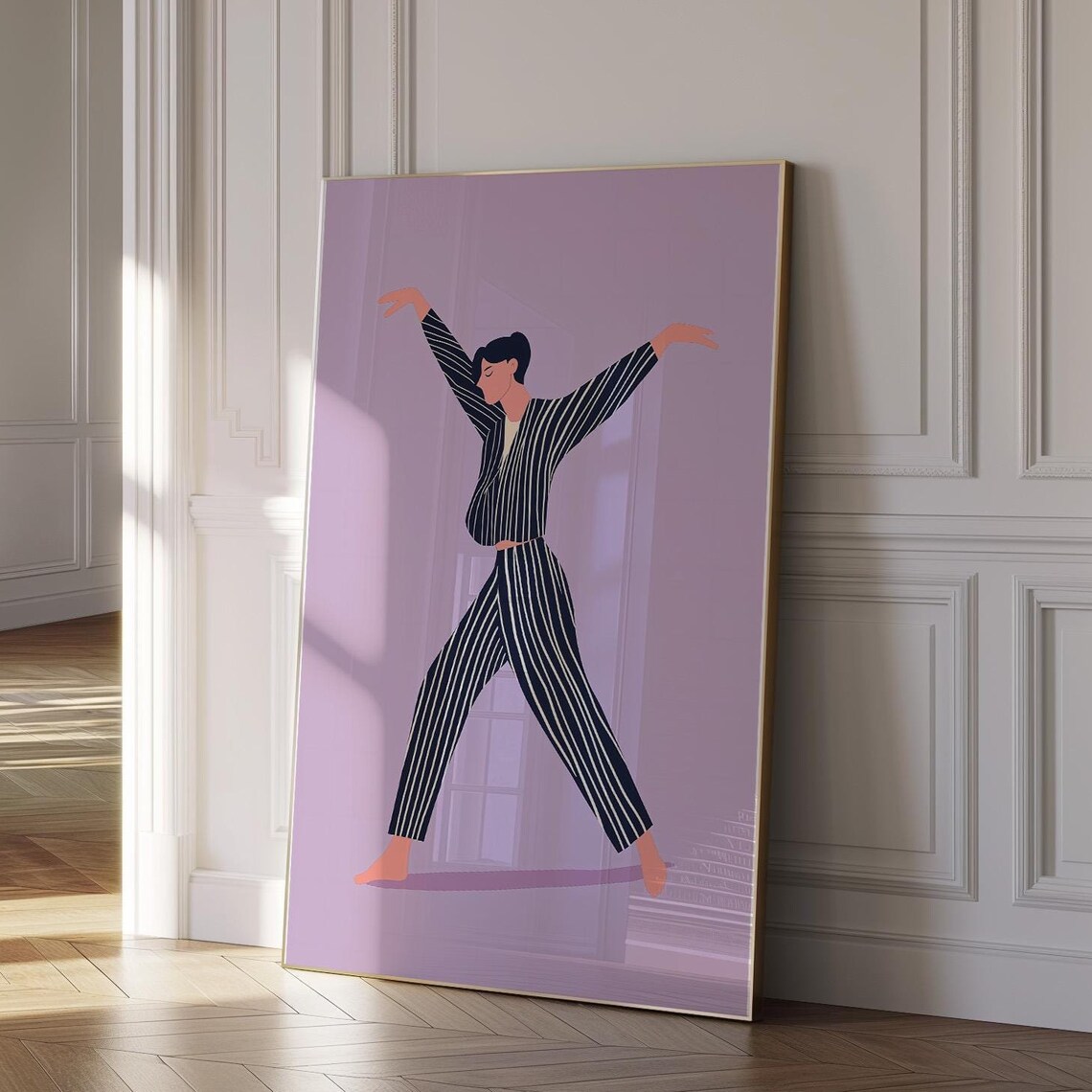 Modern Dancer in Black Pinstripe Suit on Soft Lavender Poster