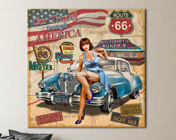 Retro Route 66 Car Travel America Pin Up Girl Collage Poster