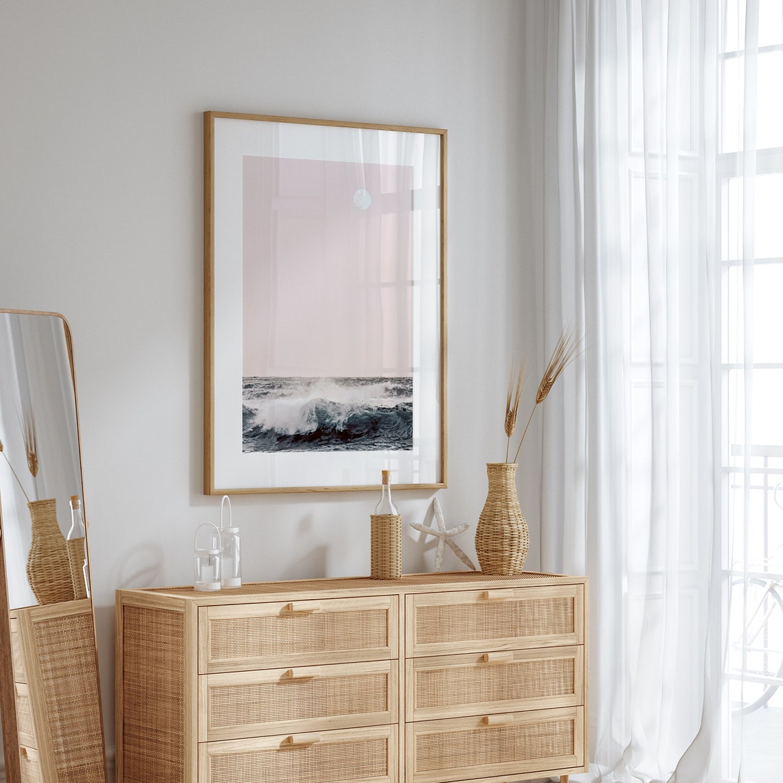Blush Pink Ocean Waves Full Moon Minimalist Coastal Beach Poster - Image 4