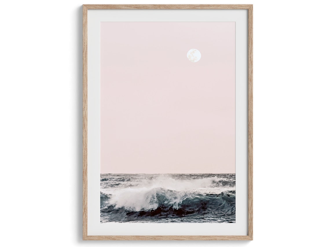 Blush Pink Ocean Waves Full Moon Minimalist Coastal Beach Poster