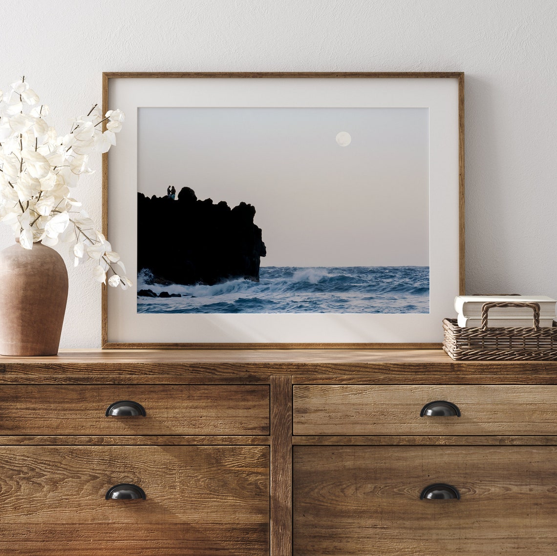 Ocean Moonrise Rocky Cliff Couple Silhouette Waves Night View Poster - Image 2