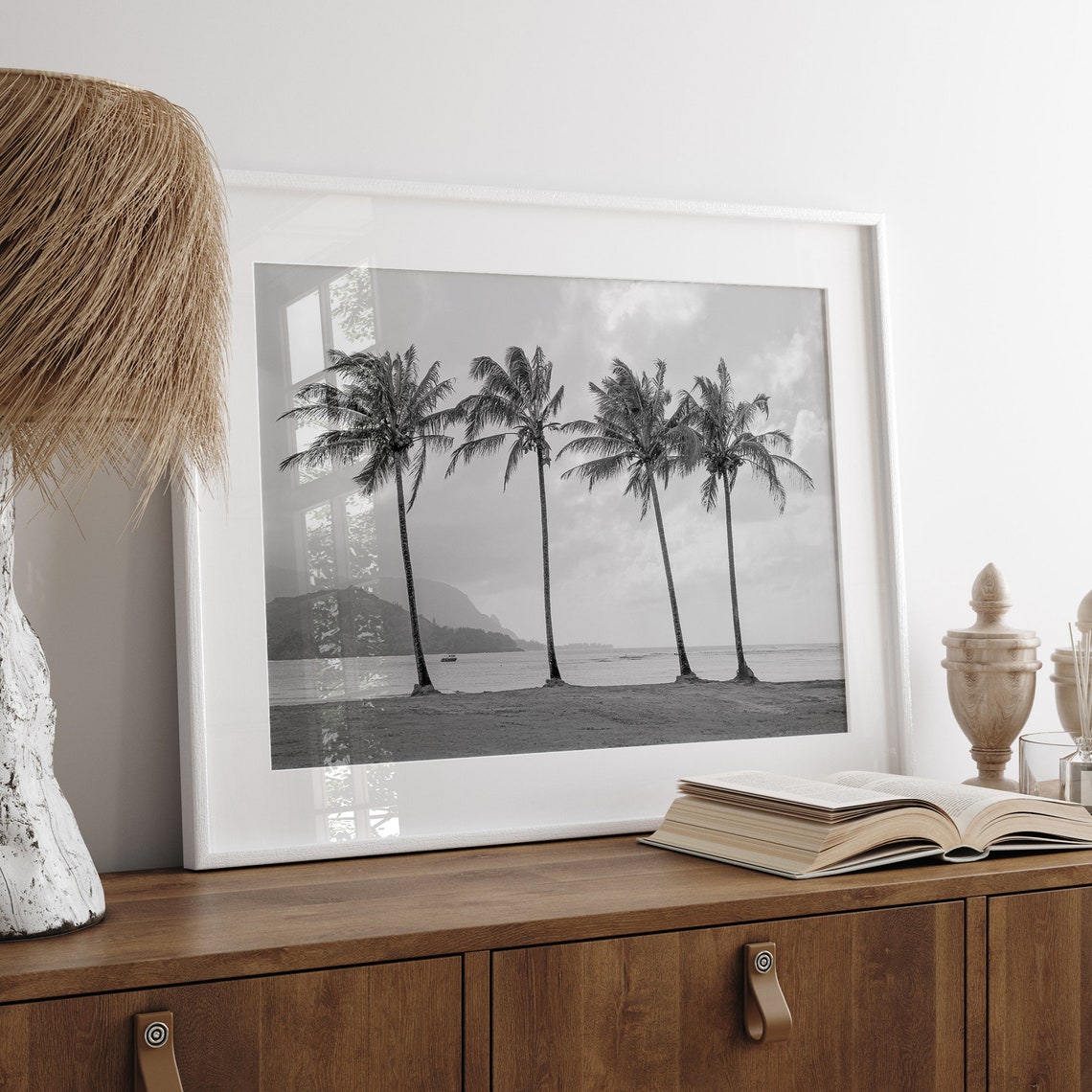 Four Palm Trees Black And White Beach Ocean Horizon Travel Poster - Image 3