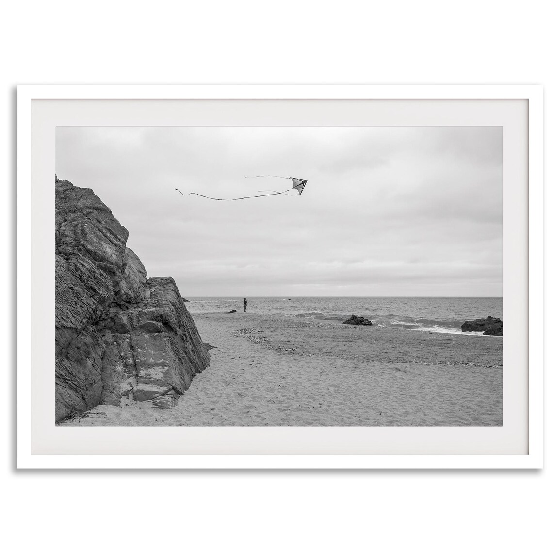 Kite Flying, Big Sur Beach Black-and-White Art Print