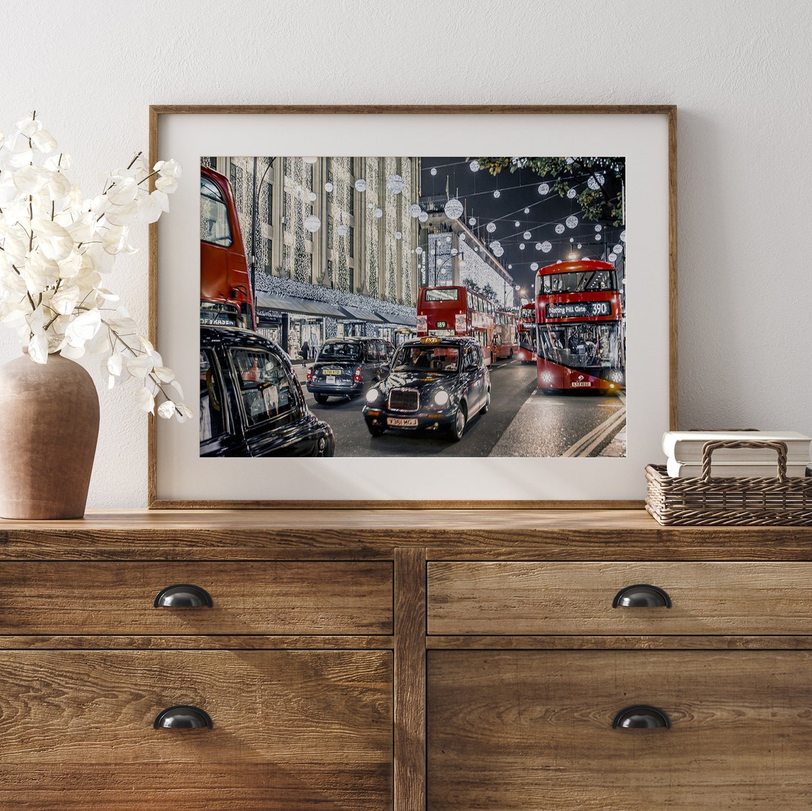 London Christmas Lights Night Red Double Decker Buses City Poster - Image 4