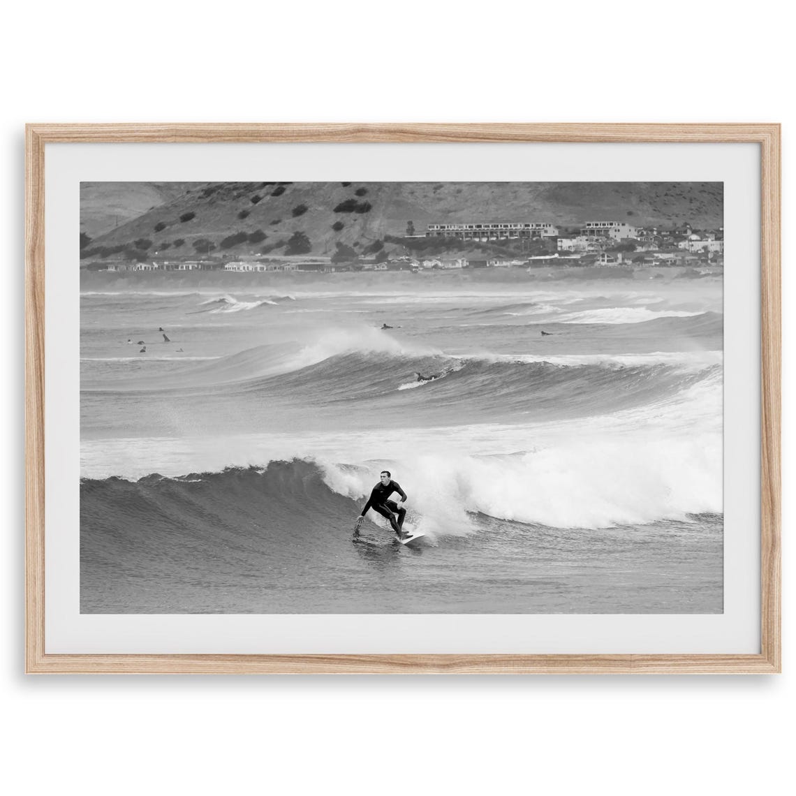 Black And White Surfer Riding Wave California Beach Town Surf Poster