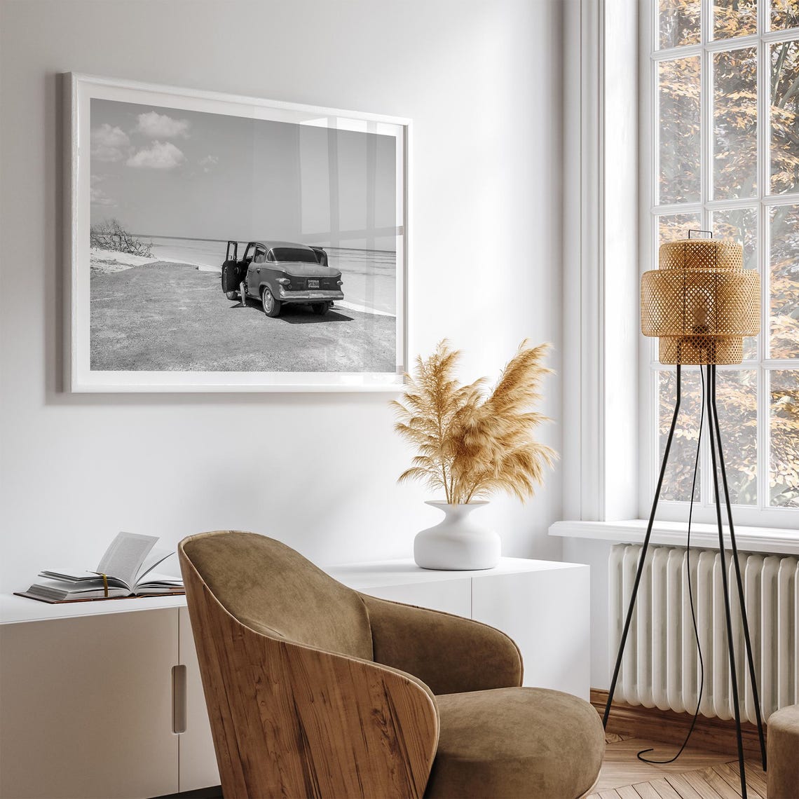 Black And White Vintage 1950s Classic Car Parked On Ocean Beach Poster - Image 2