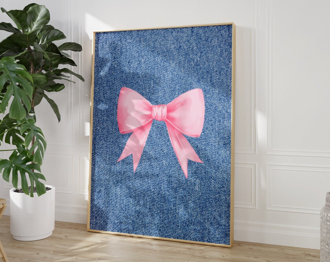 Pink Satin Bow on Blue Denim Coquette Preppy Style Art Poster