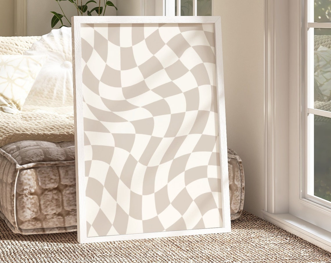 Beige Checkerboard Wavy Check Retro Funky Neutral Wall Poster