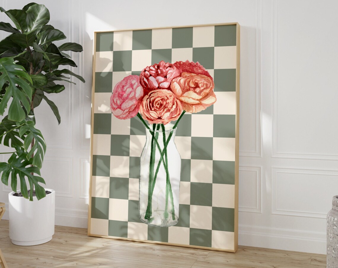 Bouquet Of Flowers Art Print, Checkered Floral Decor