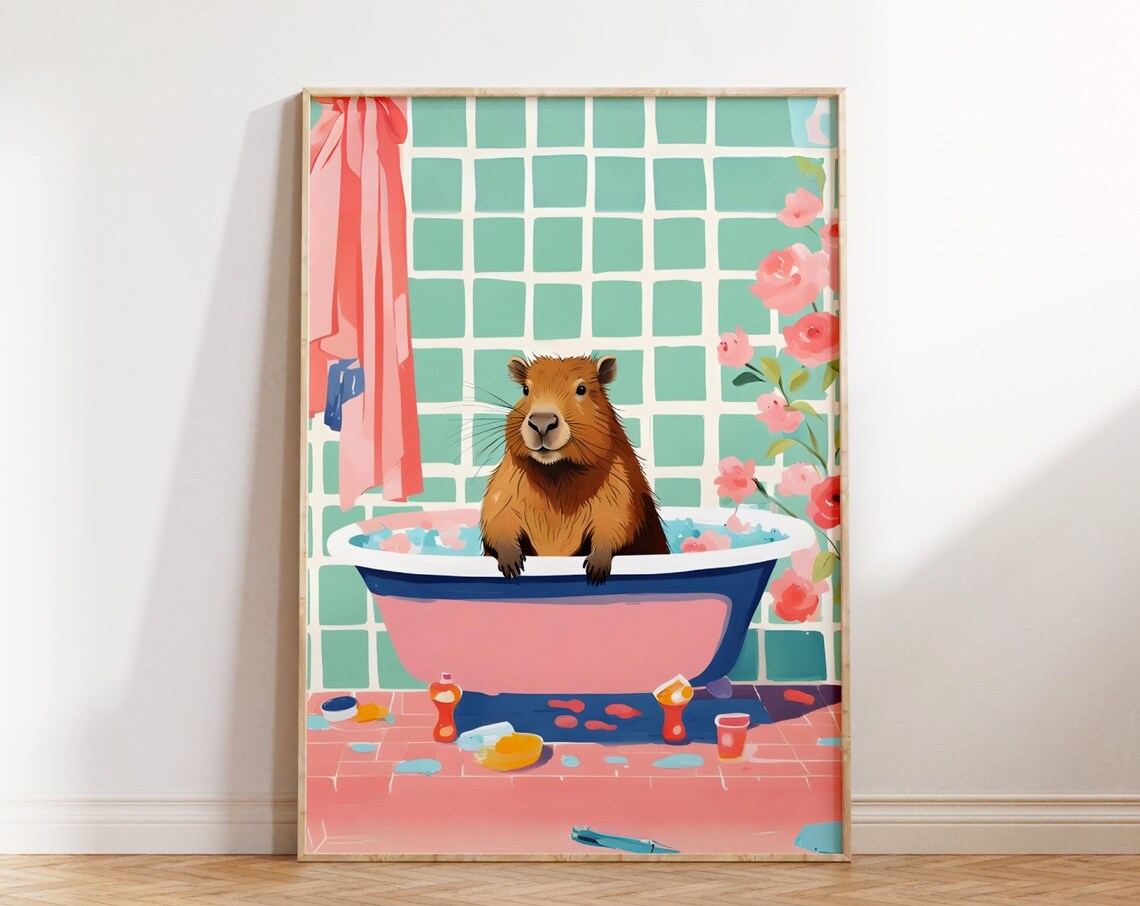 Capybara Bath Poster, Boho Bathroom Decor