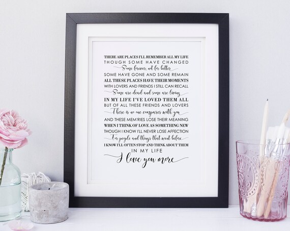 In My Life by The Beatles Love Song Lyrics Typography Wall Art