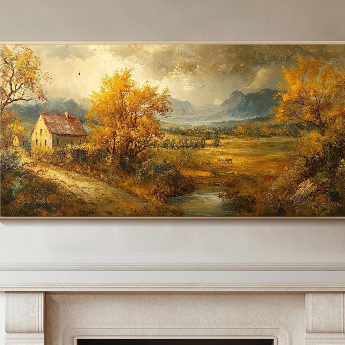 Golden Autumn Countryside Farmhouse Mountains Oil Painting Wall Art