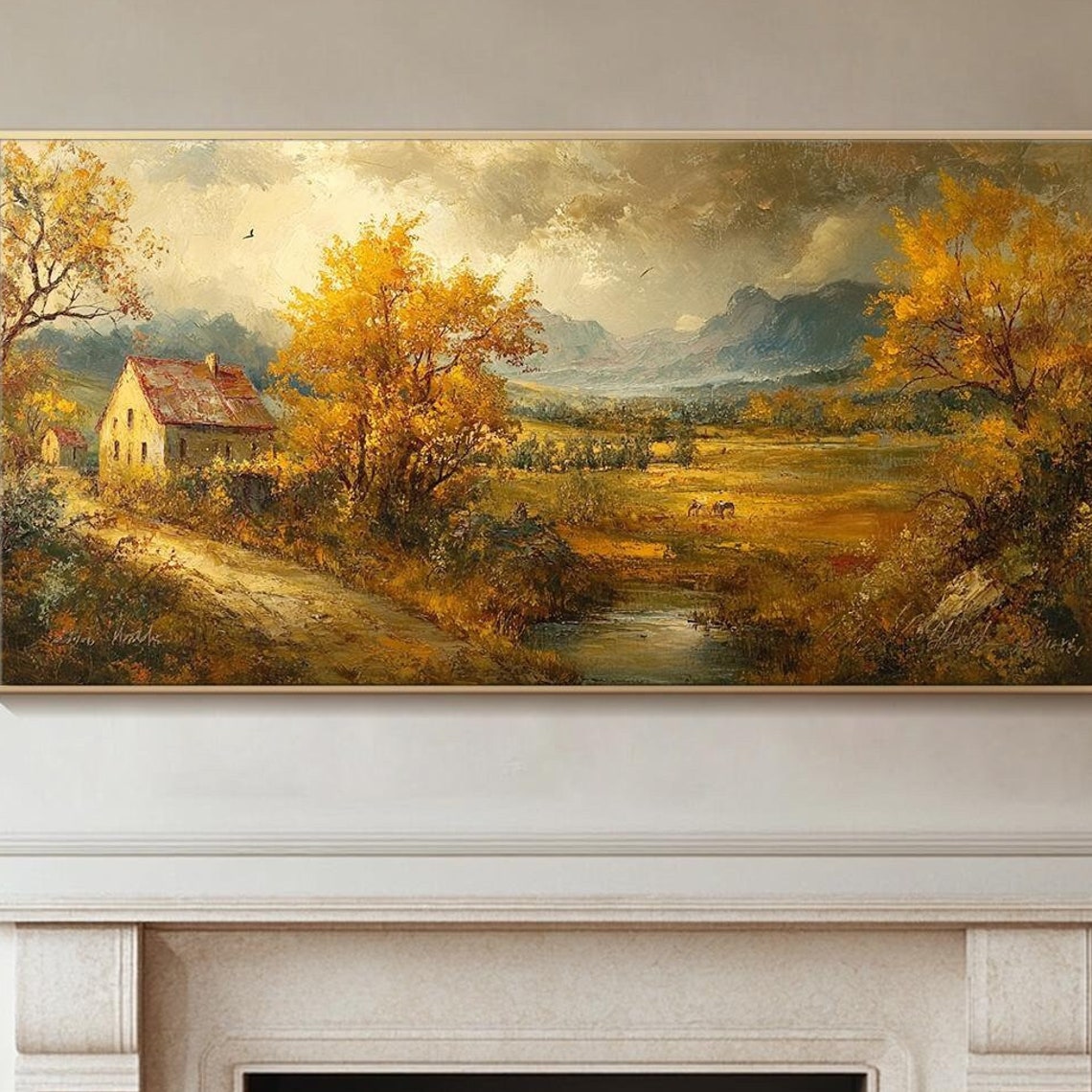 Golden Autumn Landscape Oil Painting On Original Rustic Countryside Scene Wall Art Living Room Wall Art Vintage Farmhouse Wall Decor