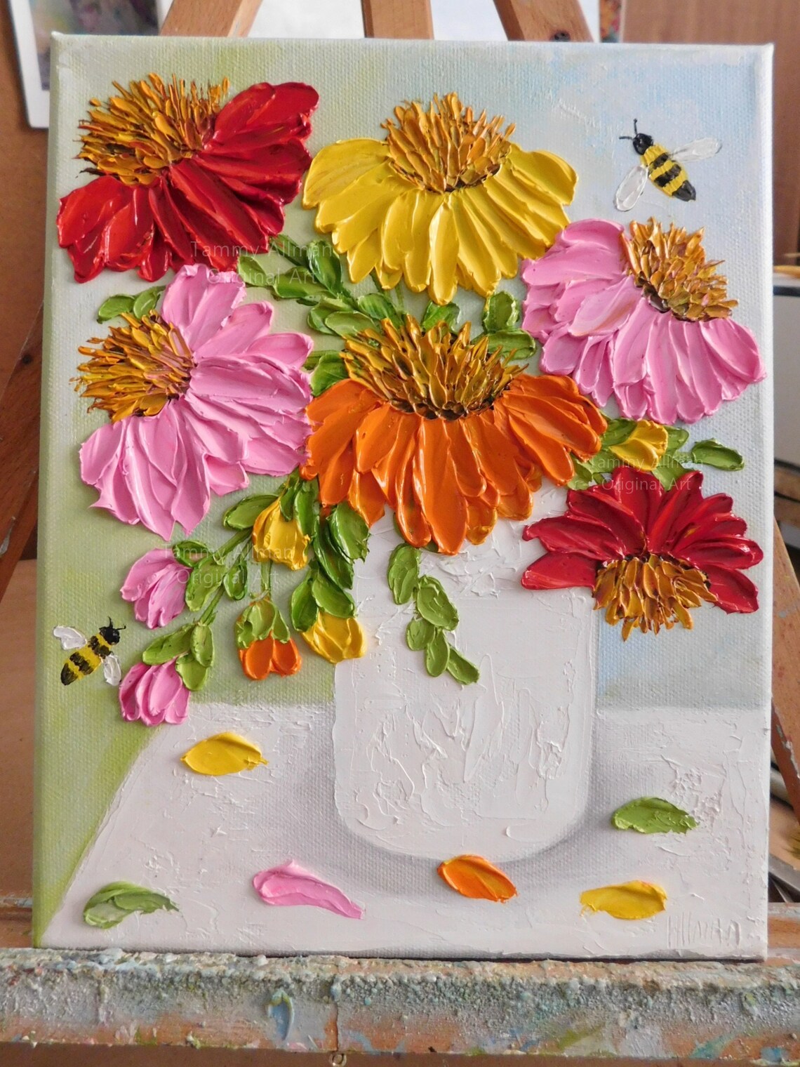 Custom Cone Flowers and Bee Impasto Oil Painting Art Print - Image 3
