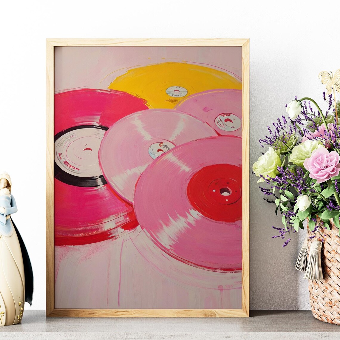 Pink Yellow Vinyl Records Painting Retro Music Room Girly Wall Art
