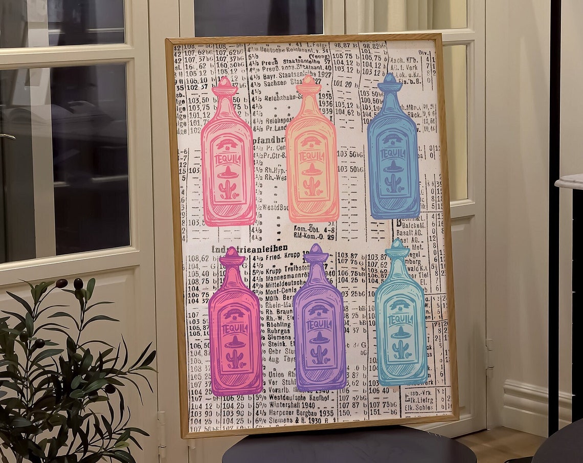Retro Tequila Bottles Newspaper Background Colorful Bar Art Poster