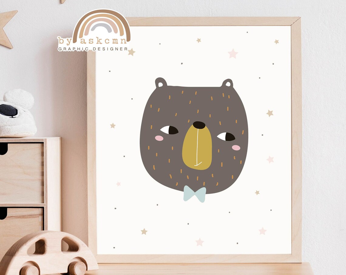 Dark Brown Bear Bow Tie Sleepy Eyes Cute Nursery Animal Wall Decor Poster