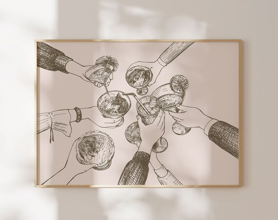 Dark Ink Cheers Cocktail Hands Toast Line Art Retro Bar Cart Print