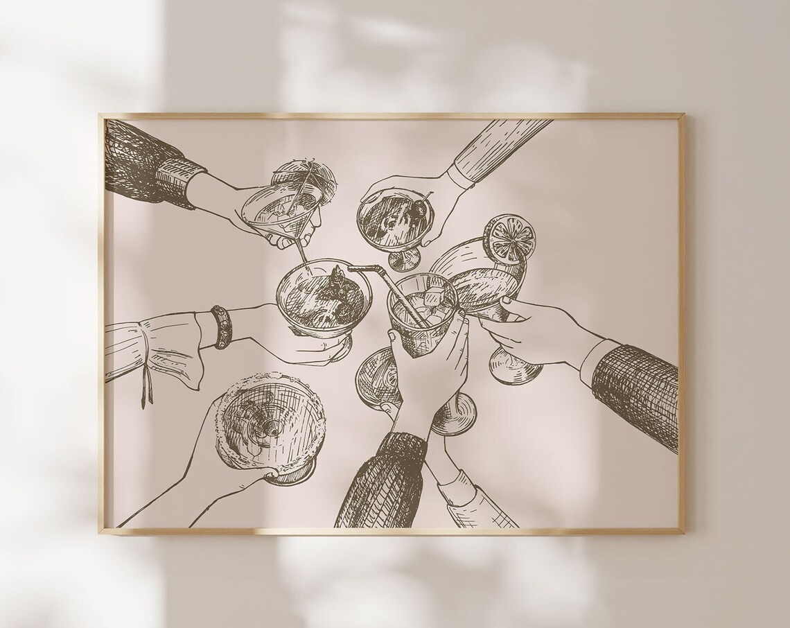 Dark Ink Cheers Cocktail Hands Toast Line Art Retro Bar Cart Print