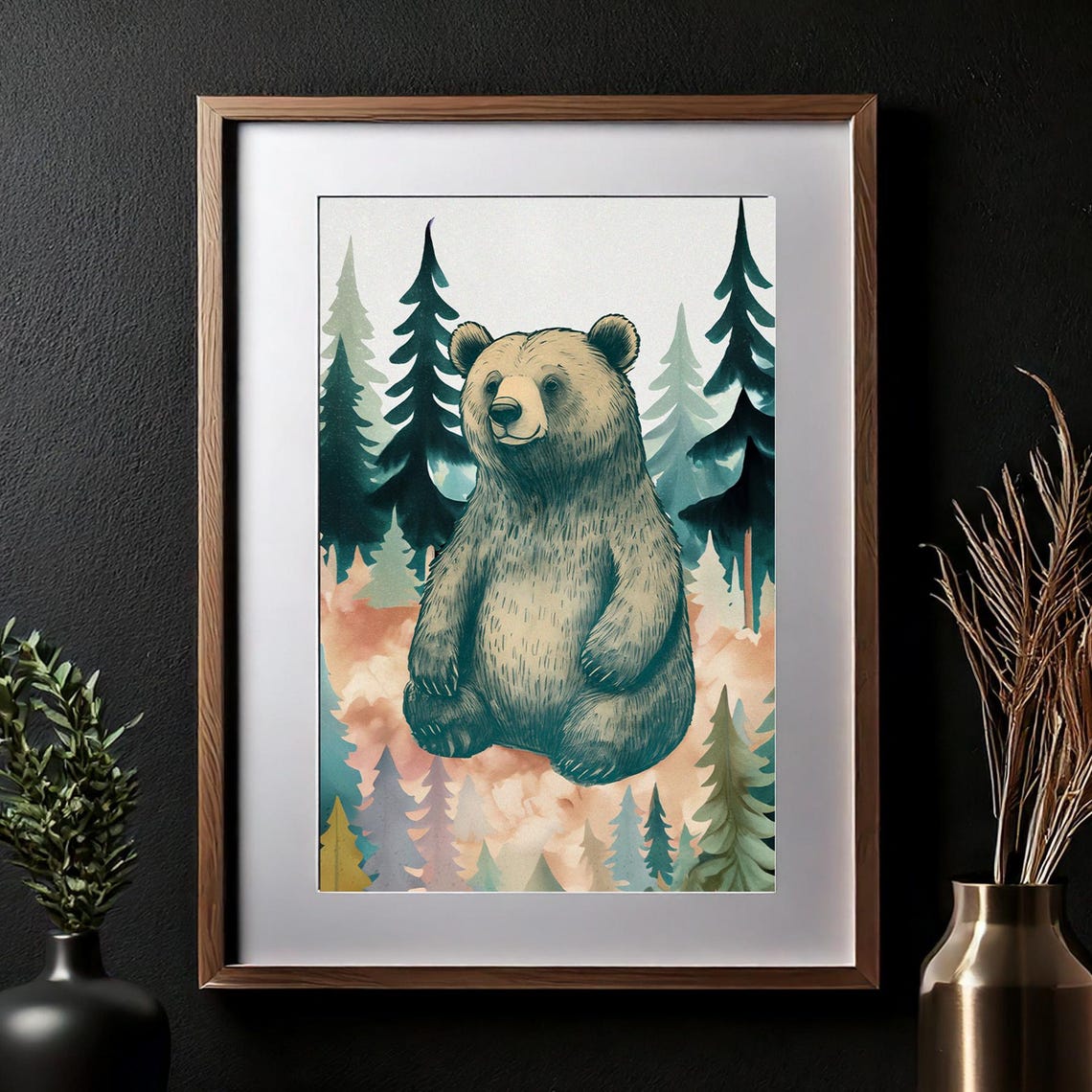Pastel Forest Bear Sitting Among Pine Trees Nursery Art Poster - Image 2