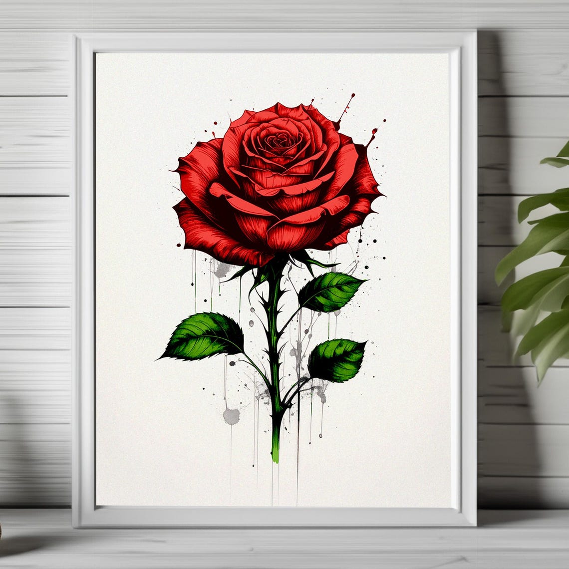 Bold Red Rose with Black Ink Grunge Sketch Floral Splatter Poster