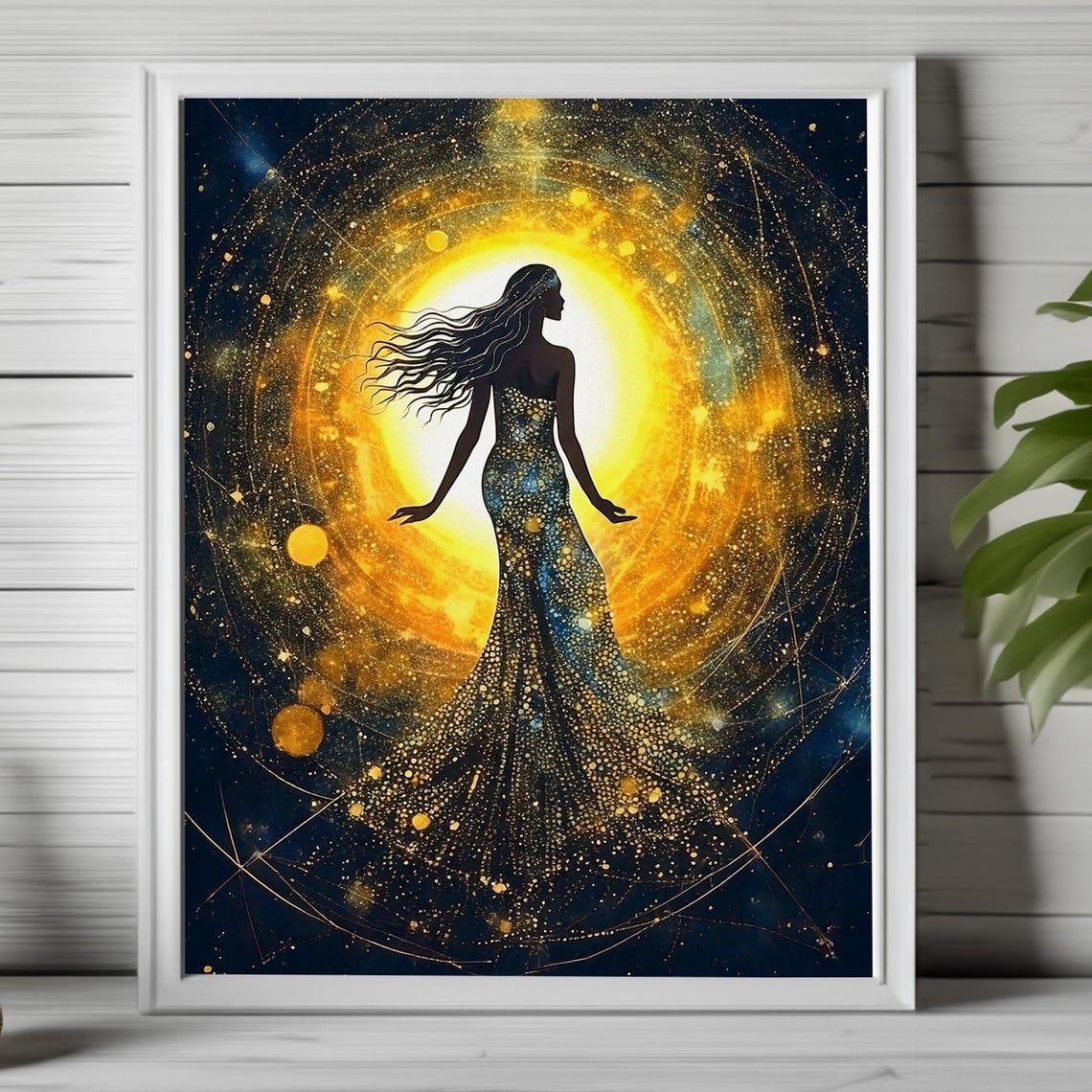 Celestial Goddess Silhouette in Radiant Gold Cosmic Wall Art