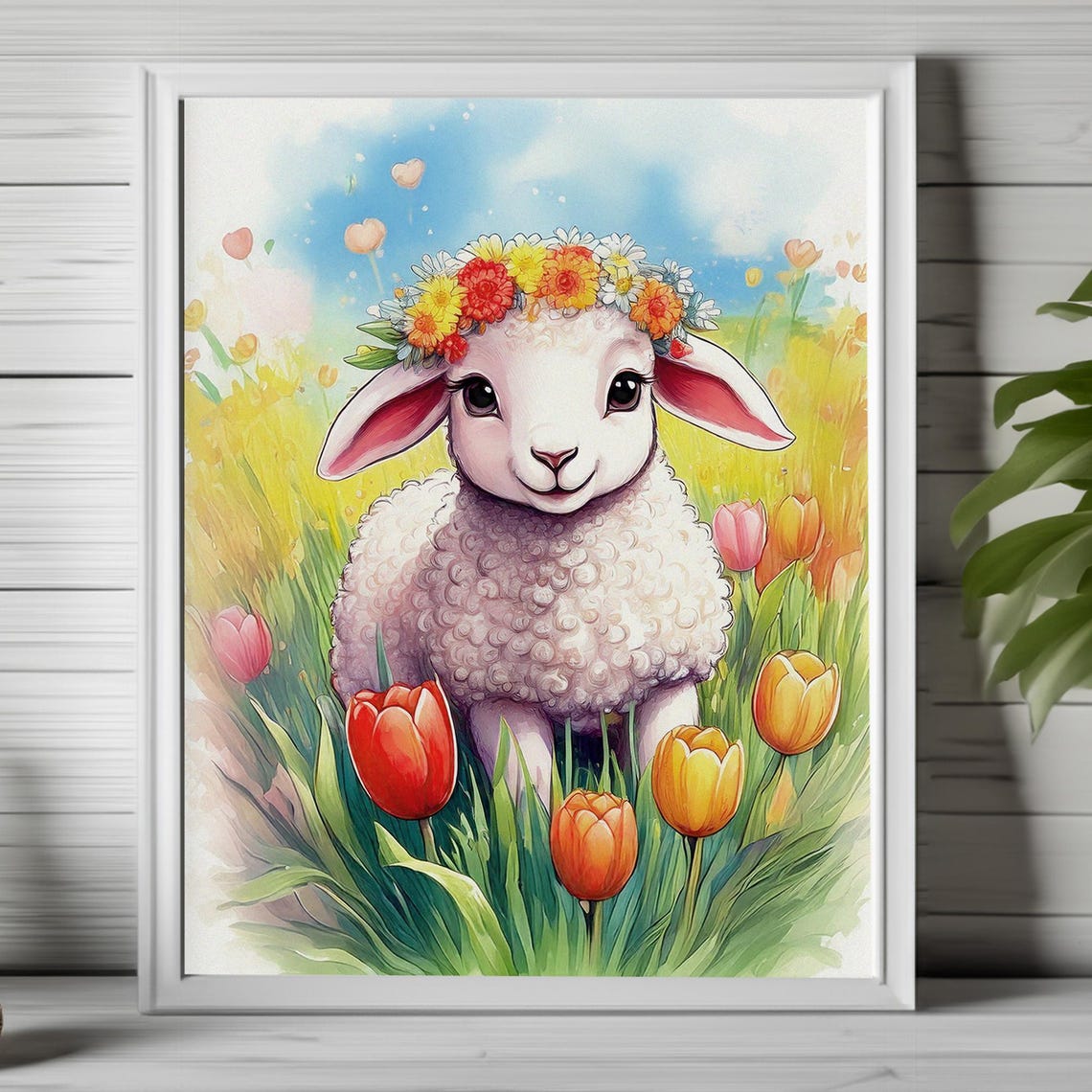 Cute Lamb with Flower Crown Among Tulips Spring Nursery Art Poster