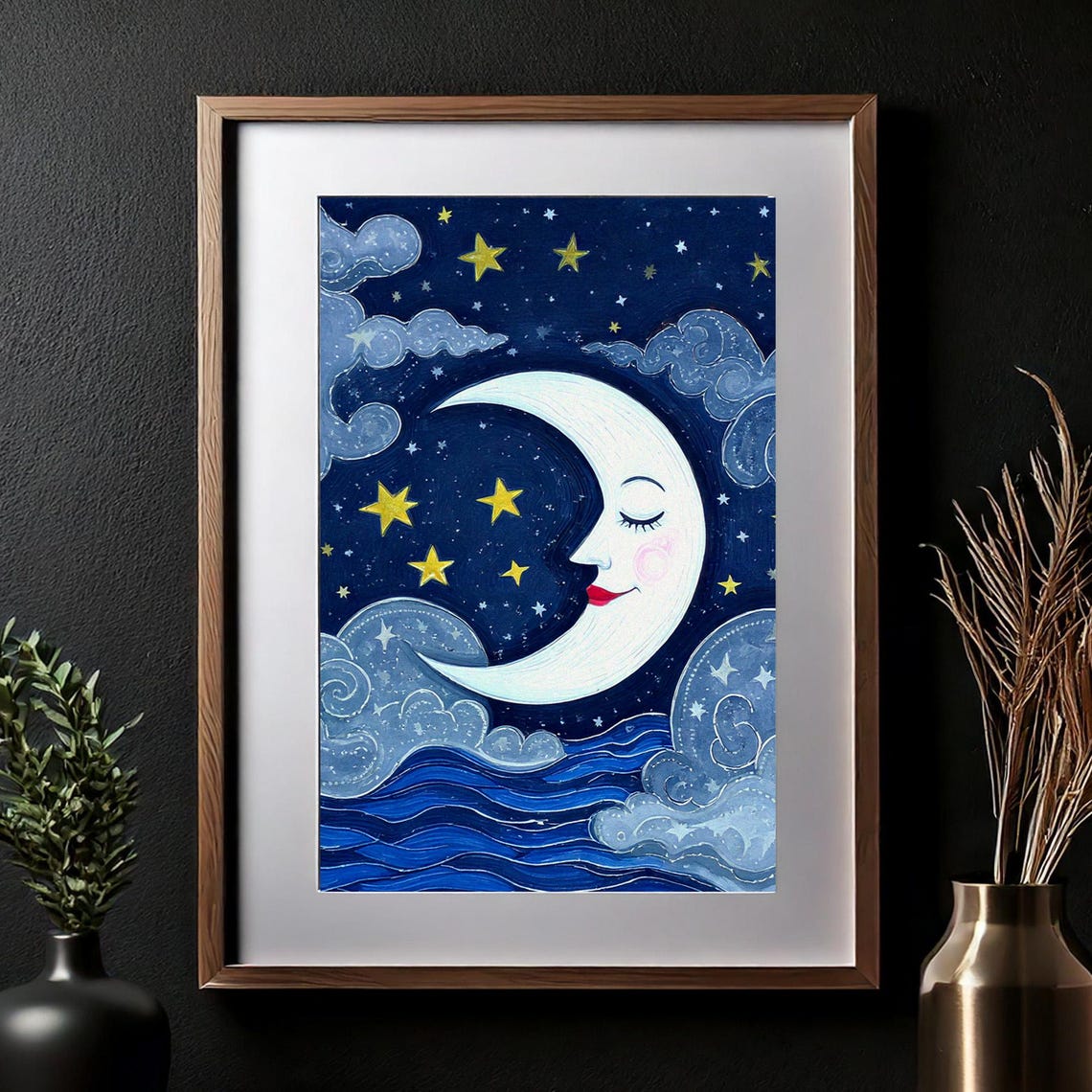 Celestial Wall Art Whimsical Moon Art Vintage Moon Illustration Crescent Moon Face Cosmic Artwork Starry Sky Print Celestial Decor 109 - Image 2