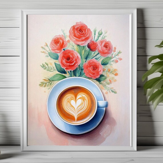 Heart Latte Art Cup With Pink Roses Watercolor Kitchen Wall Poster