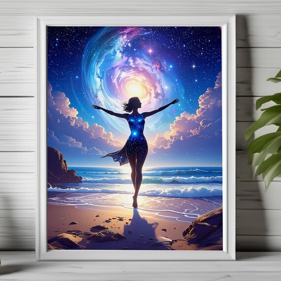 Woman Silhouette under Swirling Galaxy on Night Beach Poster