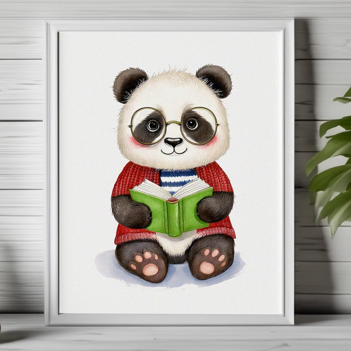 Cute Bespectacled Panda in Cardigan Reading a Green Book Poster
