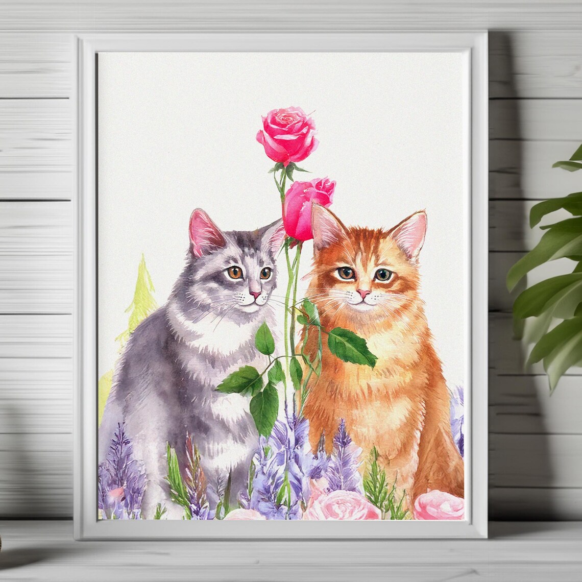 Two Watercolor Kittens with Pink Roses Floral Feline Art Poster