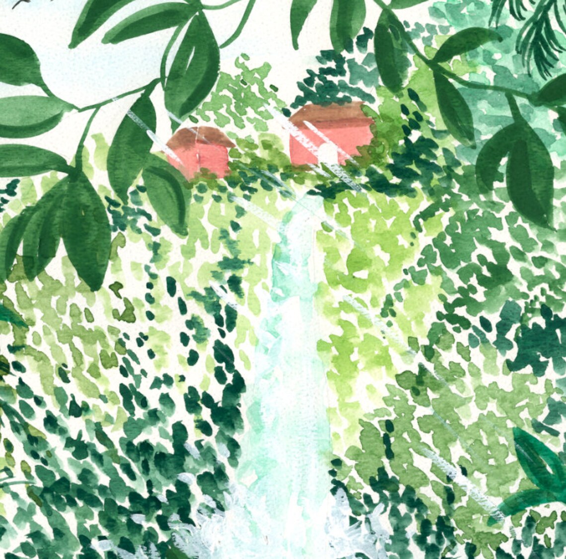 Peaceful Waterfall Art Print, Zen Botanical Landscape - Image 3